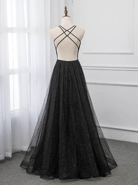 Luolandi Black V-neckline Tulle and Satin Long Straps Cross Back Prom Dress Floor Length Evening Dress Sexy